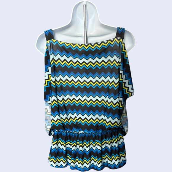 Elizabeth chevron zigzag top blue/green peplum waist sleeveless L - Picture 2 of 4